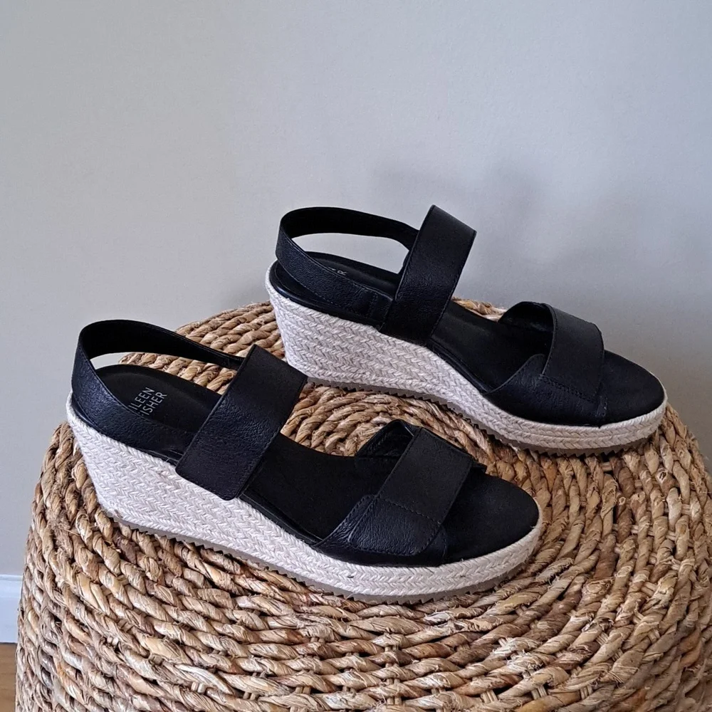 NWOT EILEEN FISHER Womens Winnie Black Leather Wedge Espadrille Platform Sandals
